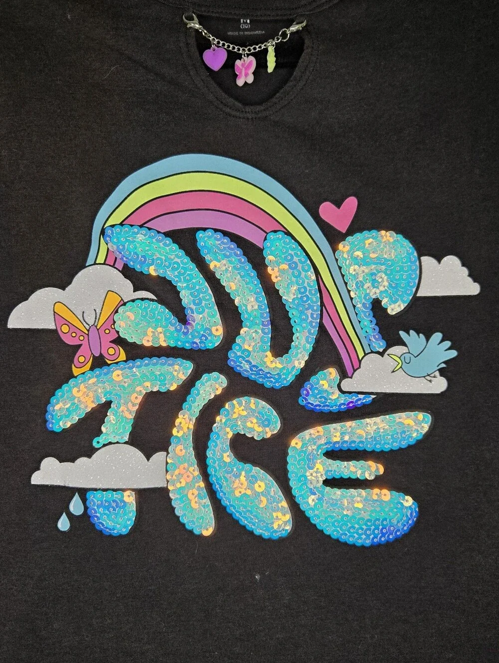 Justice Black Short Sleeve T-Shirt with Charms and Sequence Girls Medium (10)